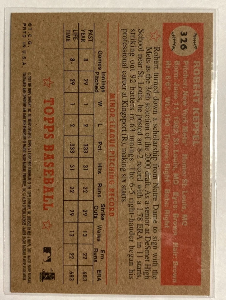 2001 Topps Heritage - Bob Keppel #326 METS - Image 2 of 2