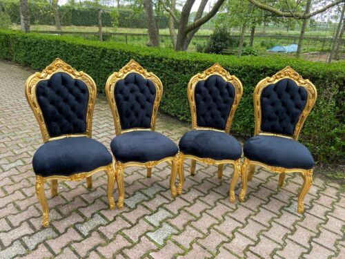 Chairs - Set of 4 Italian Baroque Gold Leaf & Black Velvet Hand-Carved Vintage
