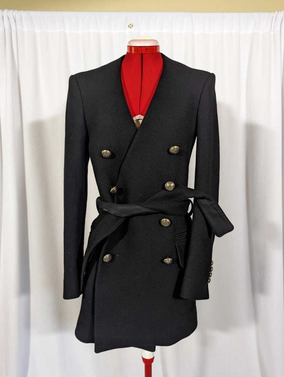 BALMAIN x Slant Double Peacoat Jacket Embossed Buttons Belt 34 | eBay