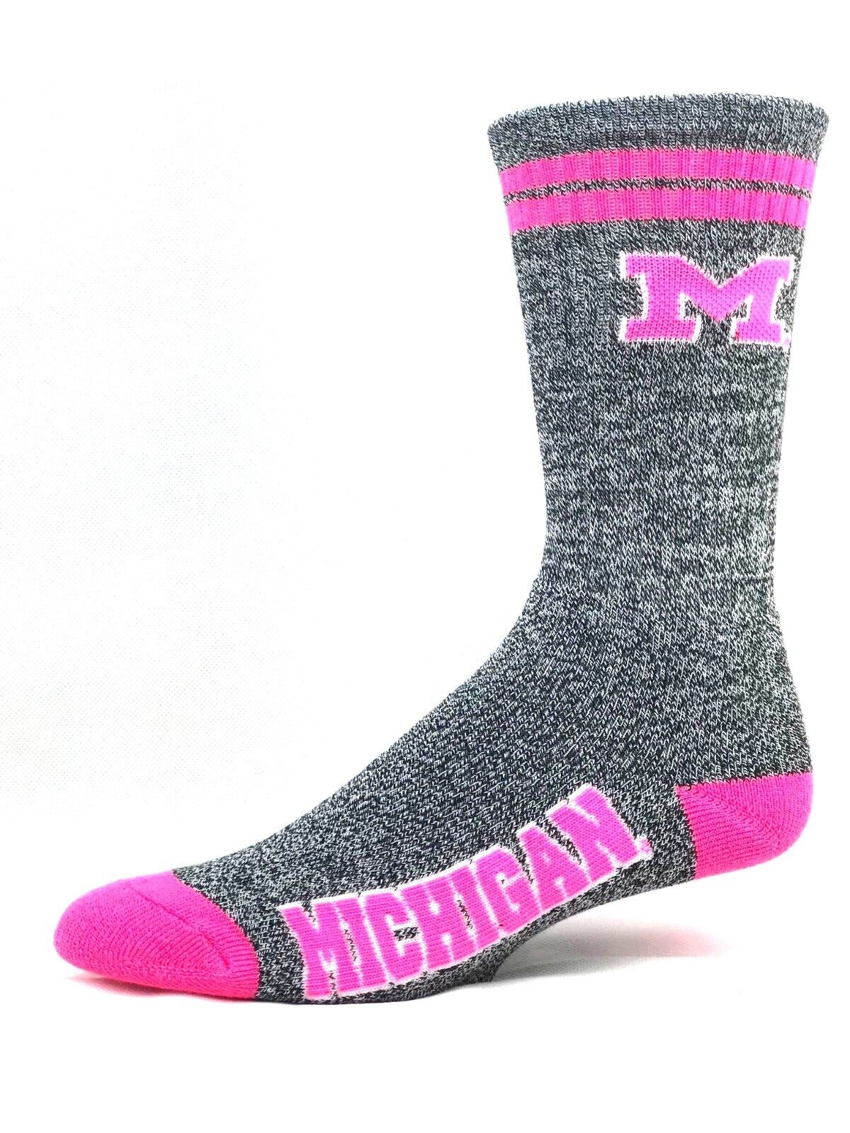Michigan Wolverines Gray Marbled Pink 2 Stripe Crew Socks Pink Logo | eBay