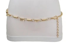 Women Gold Metal Chain Narrow Waistband Belt Spike Horn Charms Fit Size M L XL