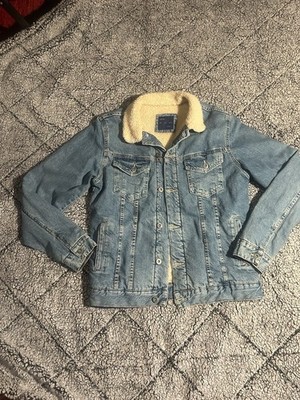 ZARA MAN Men's Sherpa Lined Denim Jacket Blue/Beige L 42'' Pockets Button