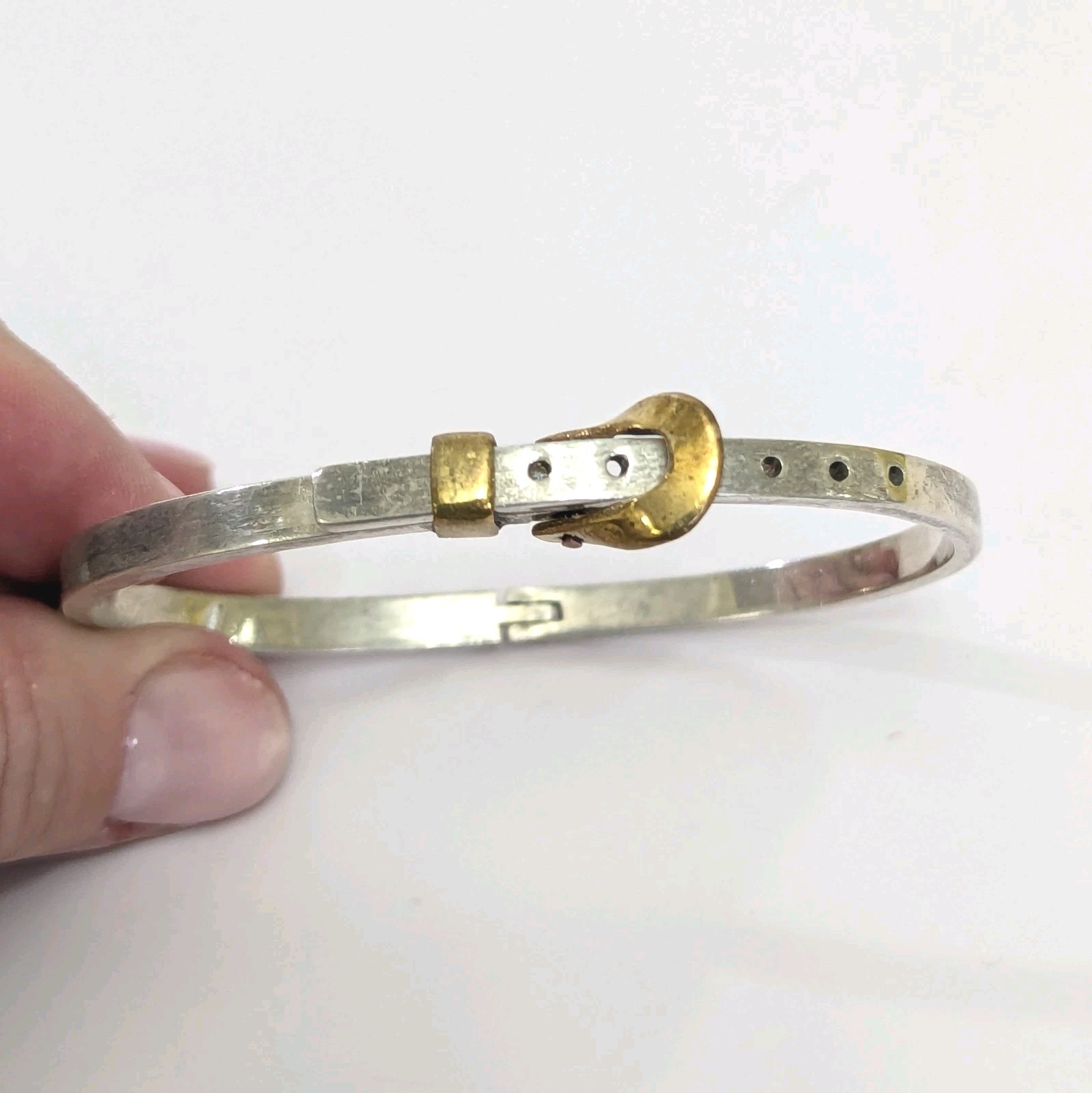 Vintage Mexico 925 Sterling Silver & Brass Belt Buckle Hinged Bangle Bracelet