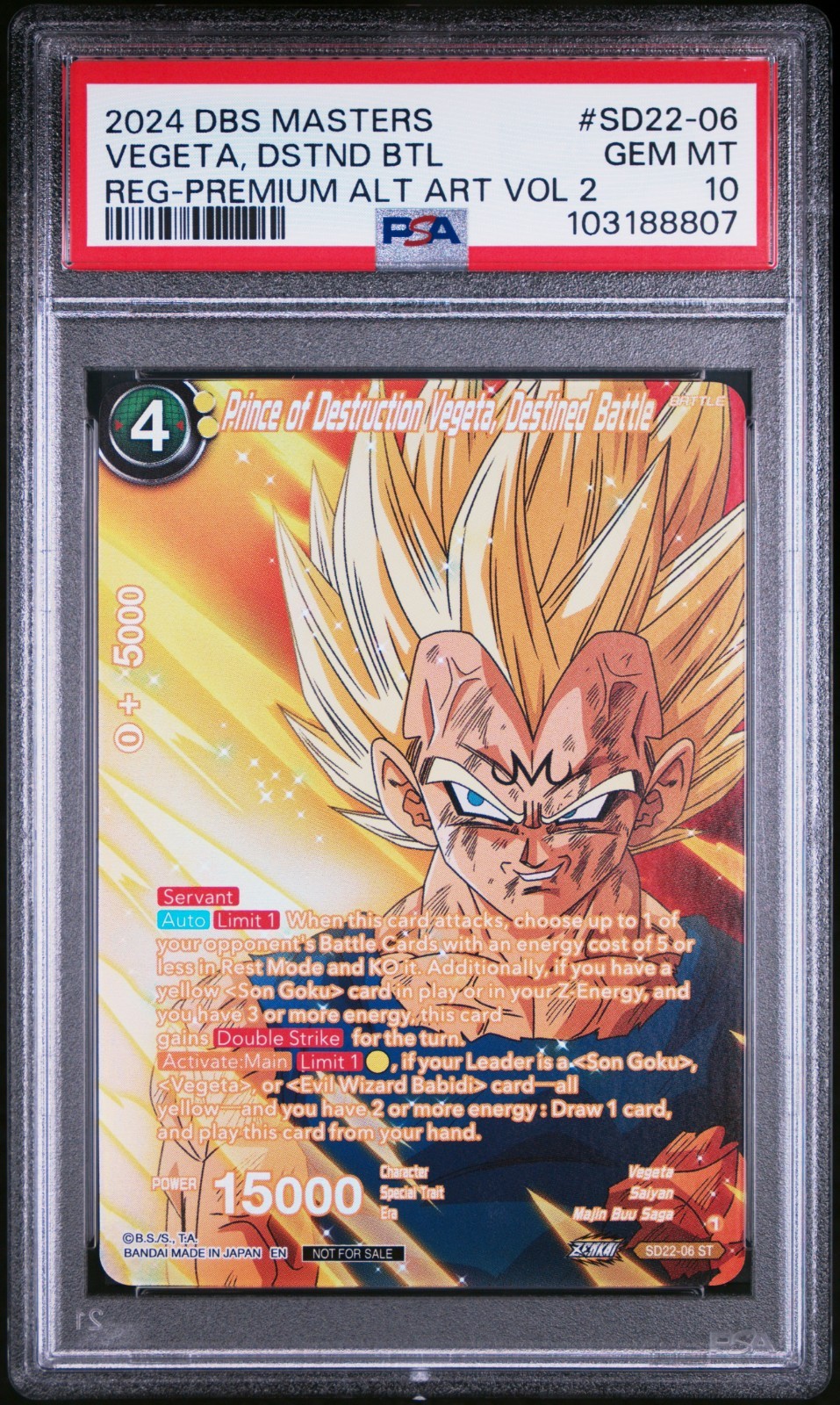 PSA 10 Prince of Destruction Vegeta, Destined Battle Alt Art SD22-06 Majin DBS