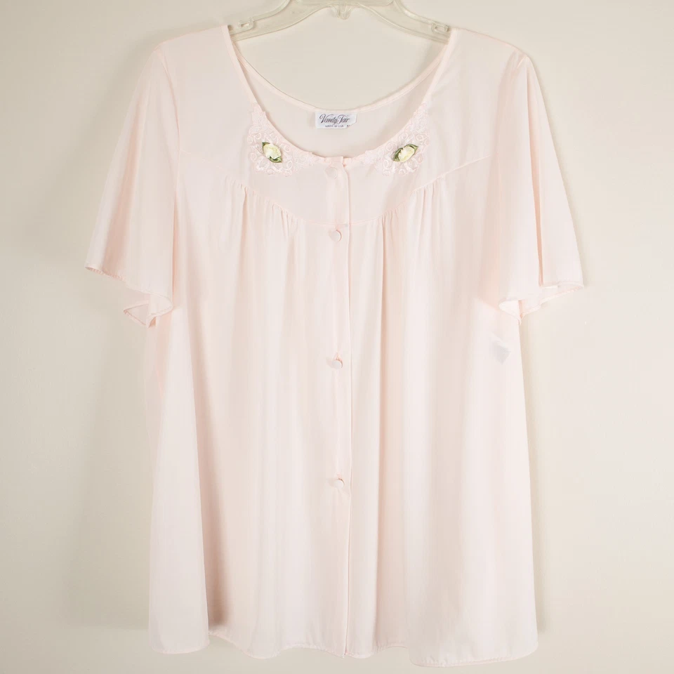 💖 Juego de pijama Vanity Fair rosa claro sedoso nailon 3D floral manga corta XL de colección Foto 3 de 4