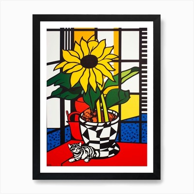 Sonnenblume mit Katze 3 Pop Art Stil gerahmtes Wandbild Poster Leinwanddruck Bild