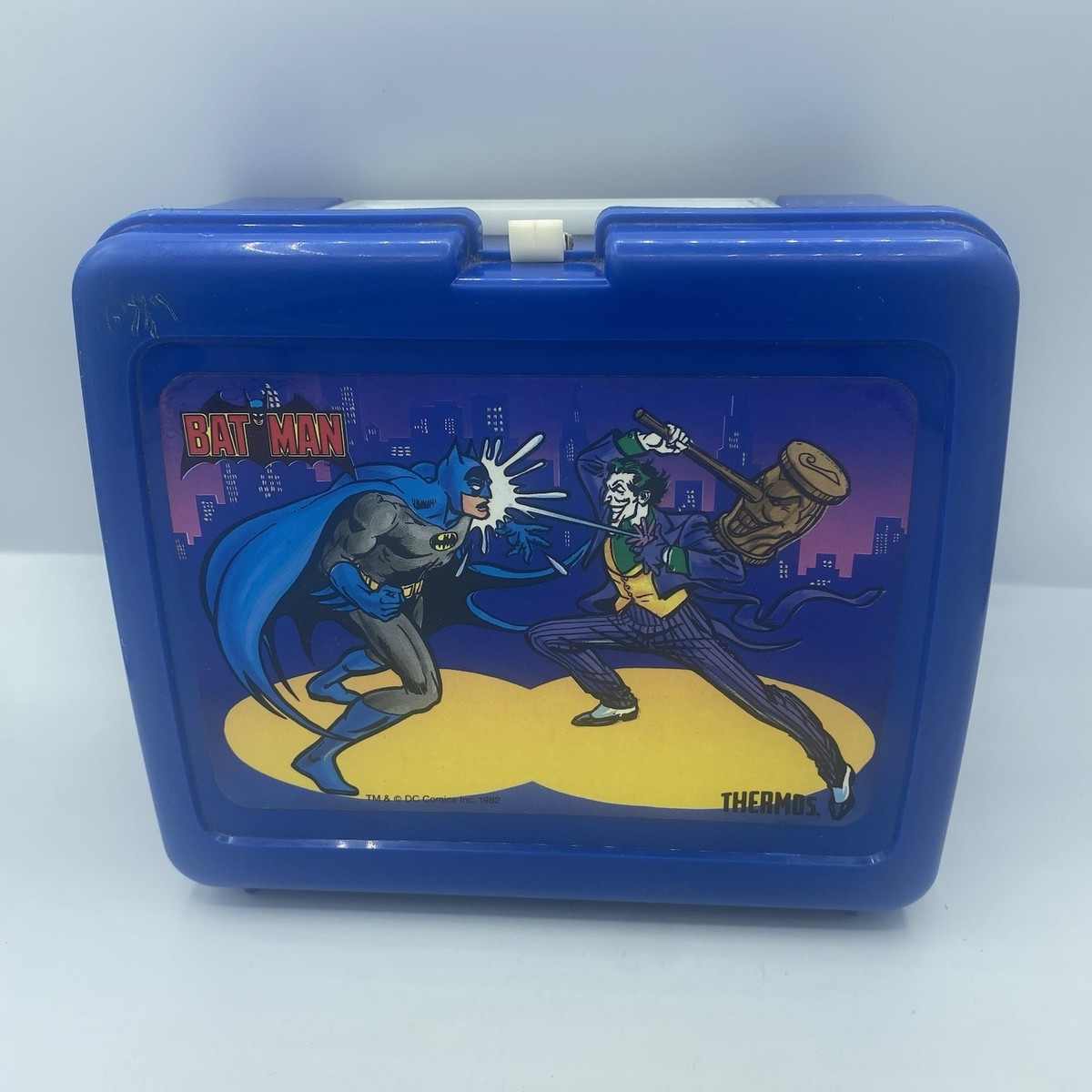 Vintage 1982 Batman Joker Lunch Box Thermos Aladdin DC Comics Blue