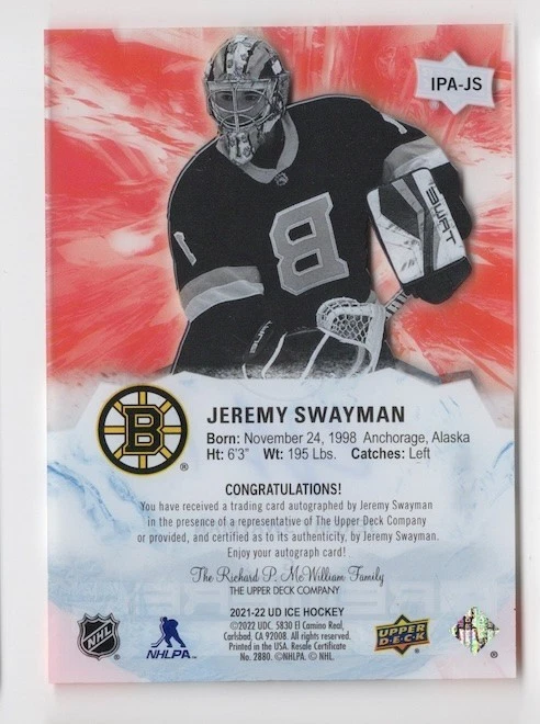 2021-22 Upper Deck Ice Ice Premieres Autograph Auto #IPA-JS Jeremy Swayman 50/99 - Image 2 of 2