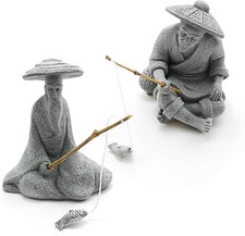 Sitting Fishing Figurines Sandstone Ornament Home Garden Aquarium Decor