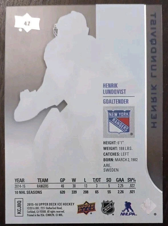 2015 - 2016 Upper Deck Ice Henrik Lundqvist Rangers #42 Hockey Card - Image 2 of 2