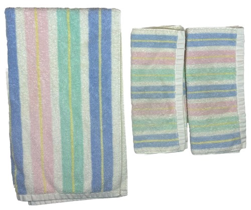 Lot de 3 serviettes de bain à rayures vintage années 1990 Cannon Mills en coton pastel