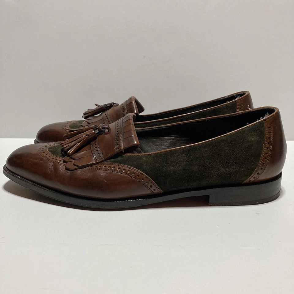 Cole Haan Bragano Brown Leather Tassel Loafers Dress Shoes Green Suede Size 12