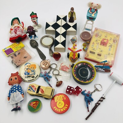 Vtg Junk Drawer Treasure Lot Toys Games Antiques Superman Raggedy Ann Flintstone