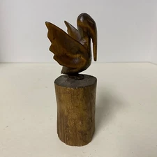 Vintage Carved Wood Pelican On Post Figurine 5.5"