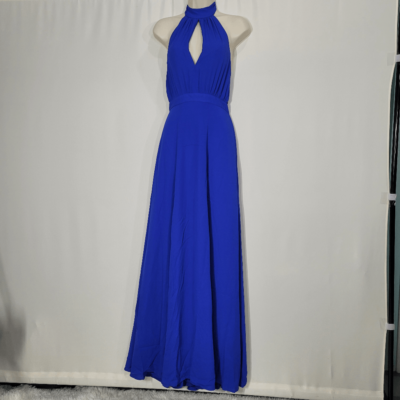 halter neck royal blue dress Hand-Dyed Side Slit Maxi Dress | V-Neck Viscose Stretch