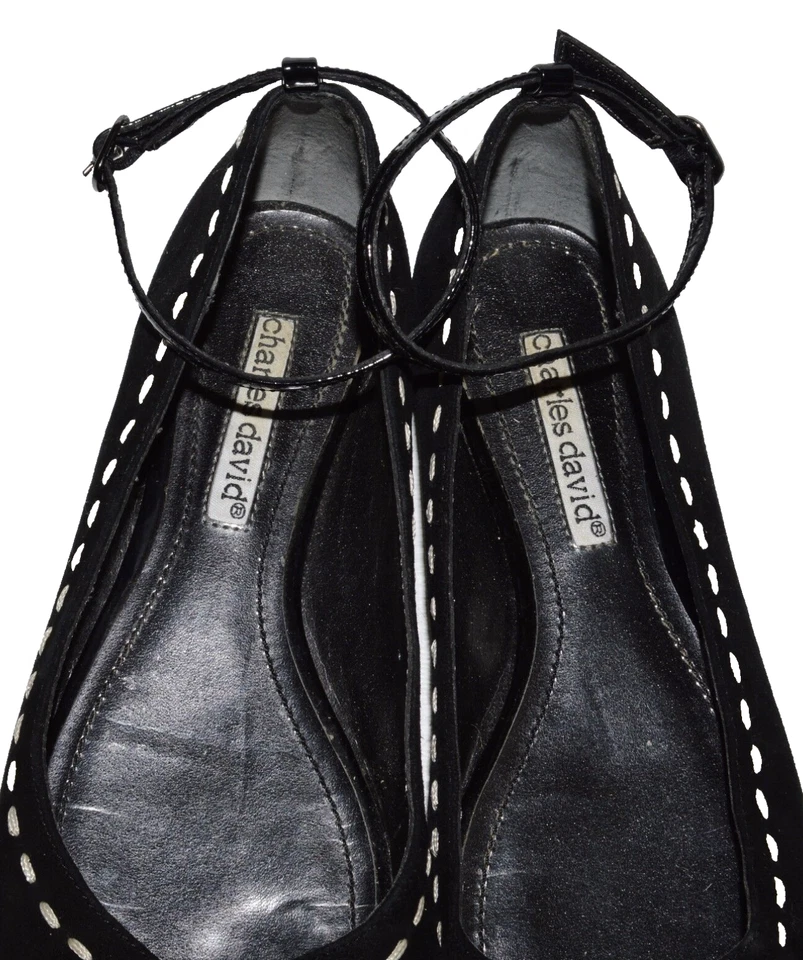 ZAPATOS PLANOS CHARLES DAVID 6 M GAMUZA NEGRA PEEP TOE CORREA AL TOBILLO COMODIDAD PARA CAMINAR Foto 4 de 4