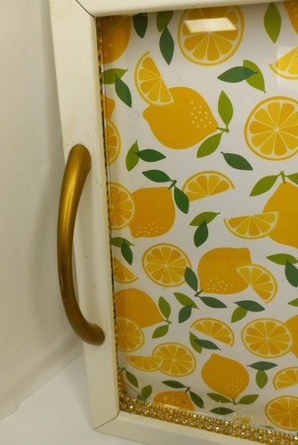 Large Handcrafted Decorative Serving Tray Bright Yellow Lemon Print Design... - Picture 3 of 12