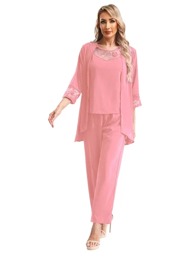 Womens 3 Piece Chiffon Pant Suits Tank Top Cardigan and Pants Evening Outfits - Picture 9 of 95