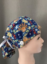 100 Cotton Sea Creatures Ponytail Scrub Cap With Mask Buttons