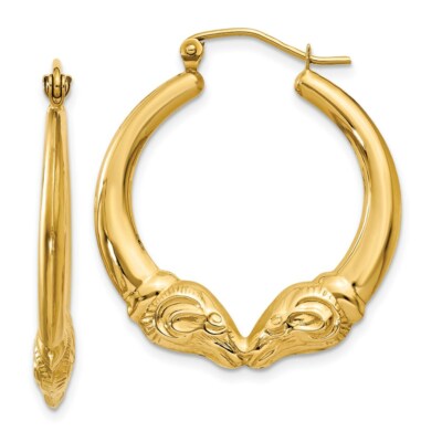 Real 14kt Yellow Gold Polished Ram Hoop Earrings