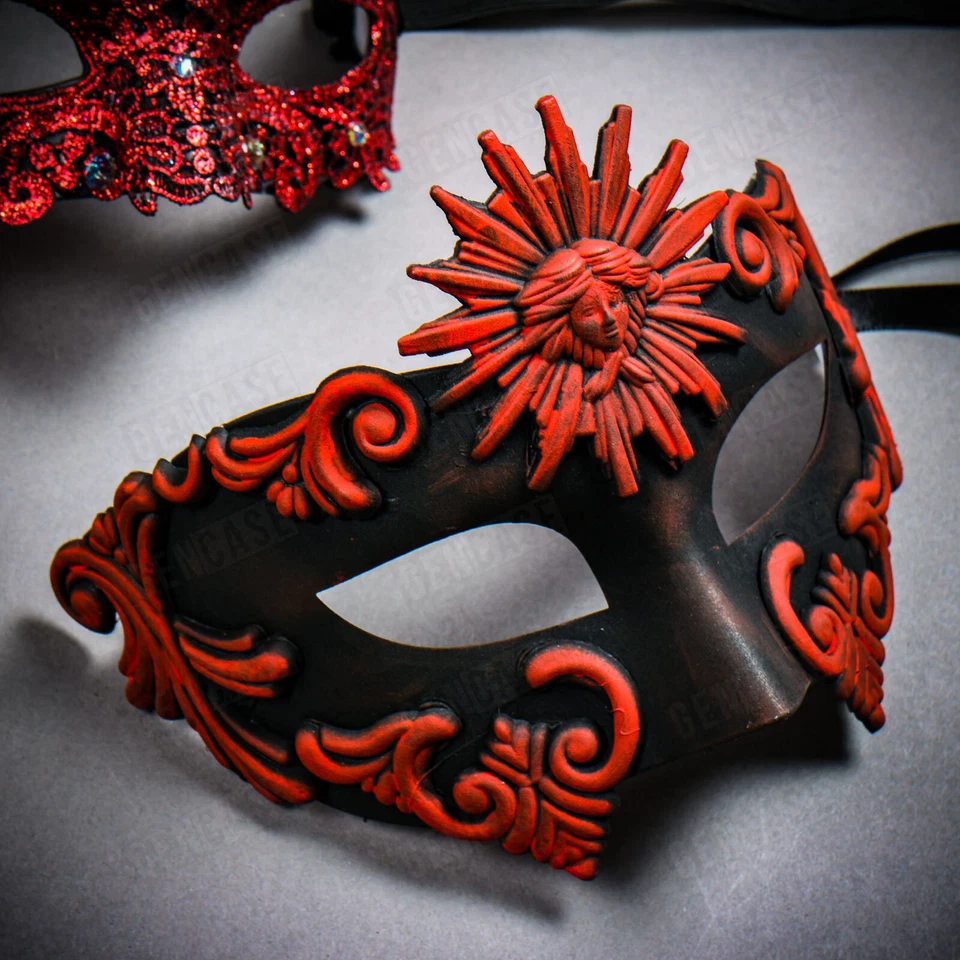 Venetian Sun God w/ Luxury Lace Side Feather Masquerade Couple Party Mask Red - Image 2 of 3
