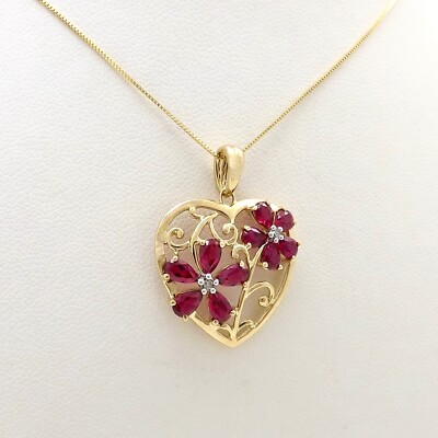 10k Gold Lab Created Rubin Echter Diamant Blume Herz Anhänger Halskette Neu