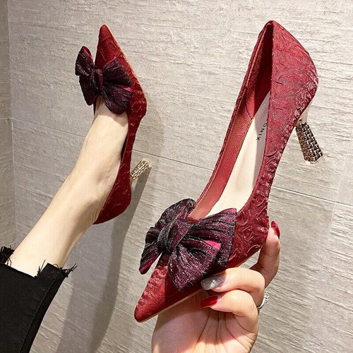 Damenschuhe mittelhohe Pfennigabsatz spitz zulaufend Slipper Schleife Pumps Hochzeit Party - Bild 2 von 12