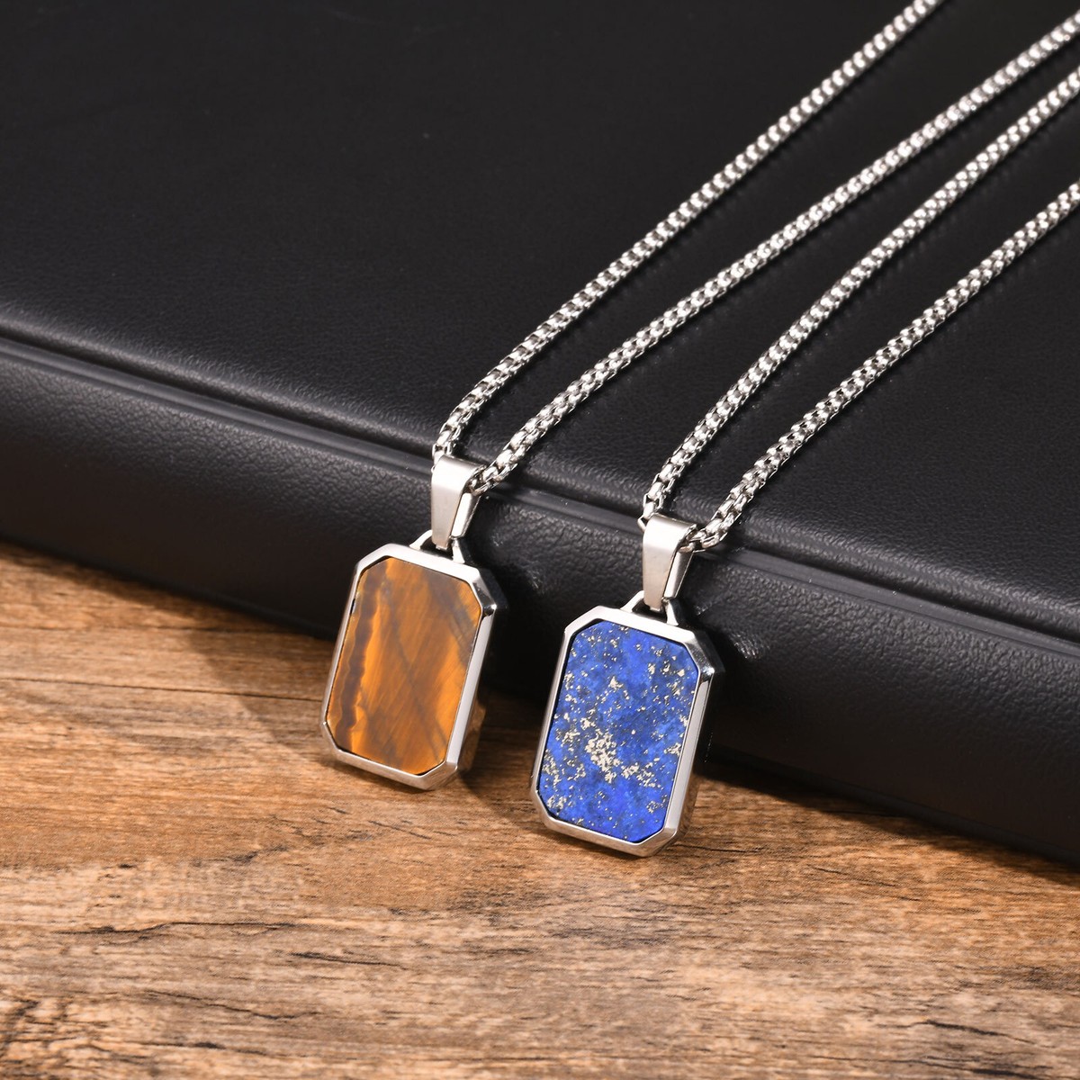 Stainless Steel Square Lapis Lazuli Pendant Tiger Eye Stone