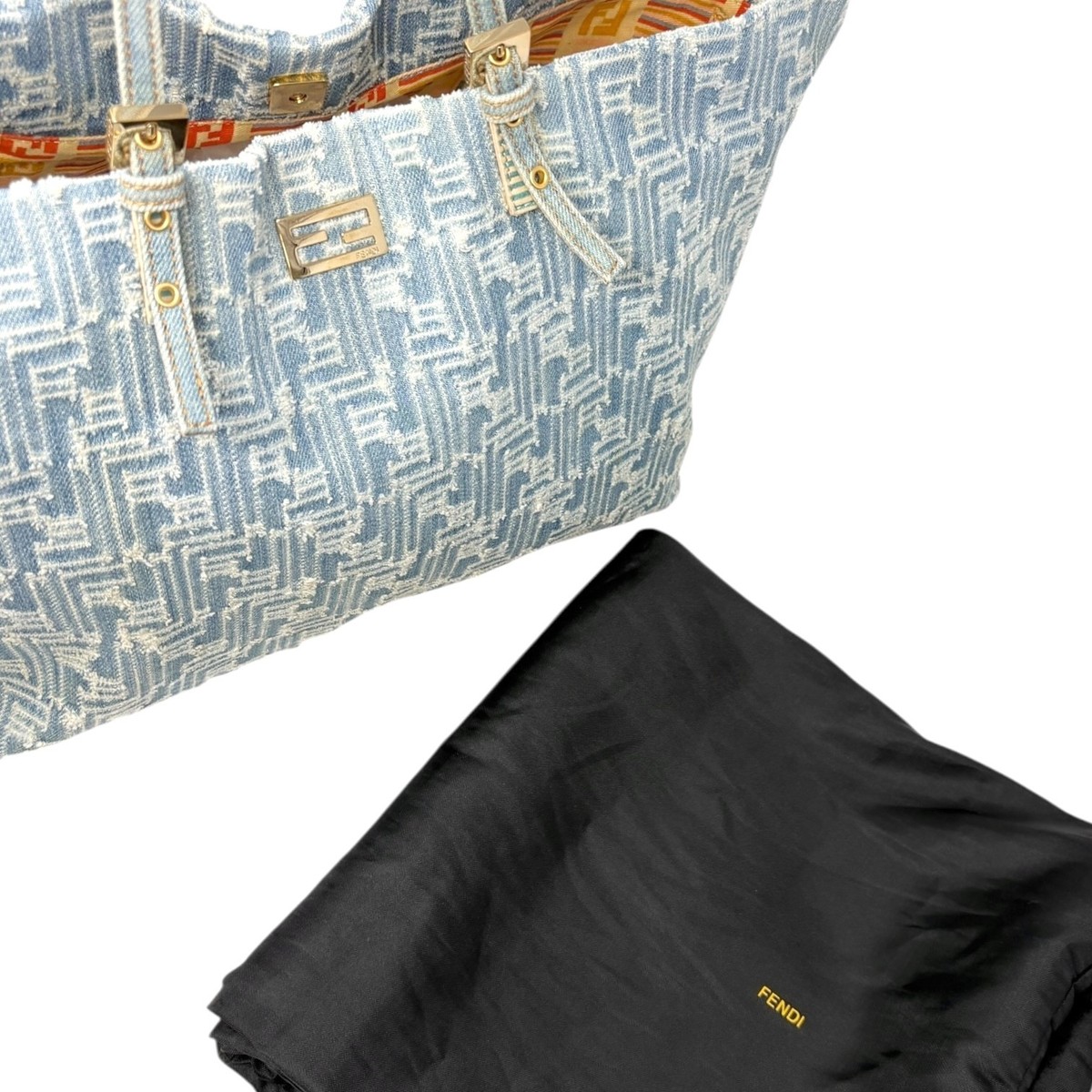 FENDI Vintage Zucca Monogram Denim Shoulder Tote Large Bag Blue FF