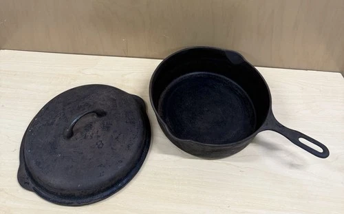 Vintage Griswold #8 Cast Iron Mountain Chicken Pan 1034 & 1035 A Lid Baking Cook