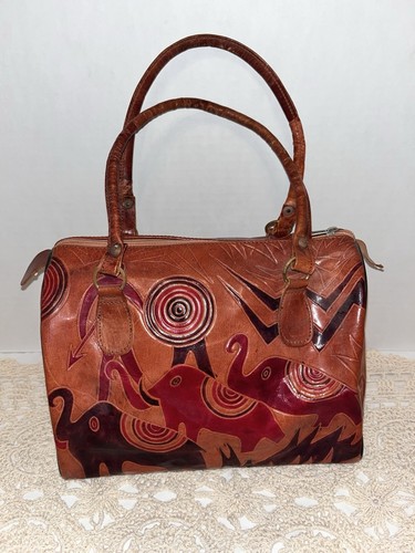 Handmade Artisan Embossed Leather Satchel Purse Sacred Elephants India - Picture 10 of 11