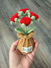 Handmade Crochet Red Rose Flower Arrangement Bouquet in Vase