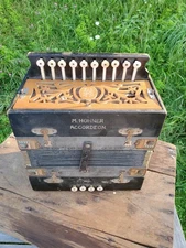 Antique 1910-20s M. HOHNER Accordeon Vintage Wood Button Box Steel Reeds GERMANY