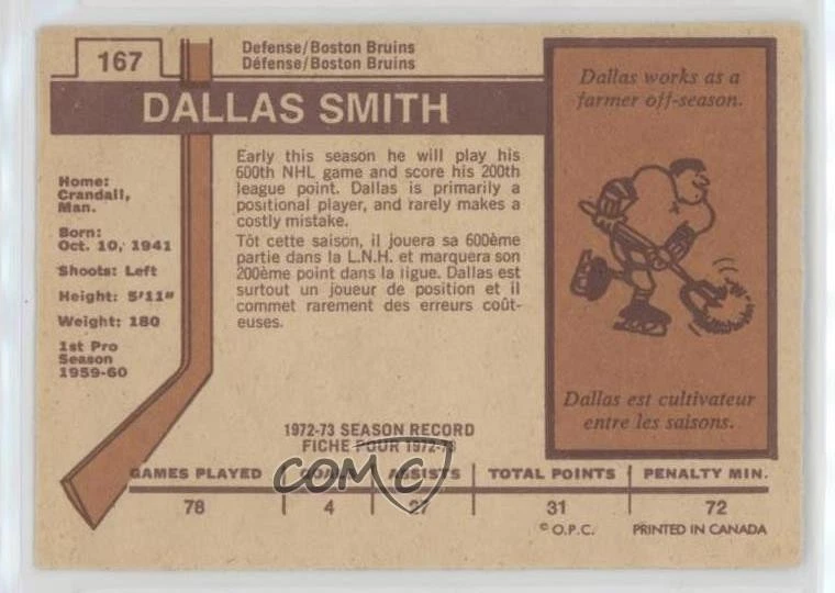 1973-74 O-Pee-Chee Light Back Dallas Smith #167 - Image 2 of 2