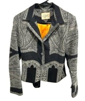 Gist Black Gray Paisley Print Button Up Cropped Jacket Satin Liner Retro Boho