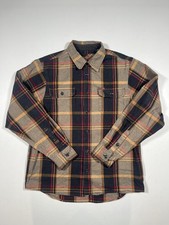 Orvis Shirt Mens Medium Tan Navy Plaid Flannel Button Front Long Sleeve Casual