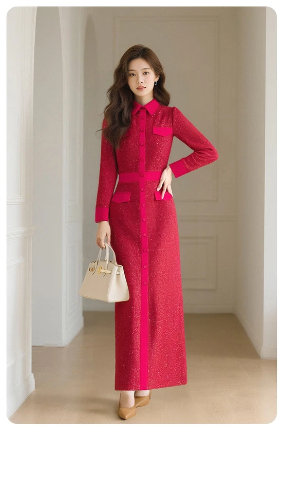 Otoño Invierno Nuevo Vestido Rojo Manga Larga Mujeres Temperamento Vestido Largo Calce Ajustado Foto 3 de 4