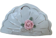 Vintage White Ceramic Napkin or Postcard Holder – Applied Pink Rose Floral Detai
