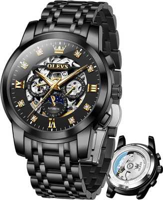 Luxury Men's Automatic Skeleton Watch with Diamond Moon Phase & Water Resistance