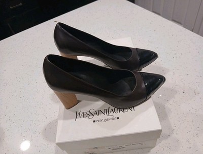 Women's Yves Saint Laurent Black Dark Gray Wood Block Heel Shoes Size 38.5 EUR