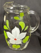 Vintage 32 Ounce Juice Pitcher with Ice Lip and Cold-Painted Magnolia Flowers