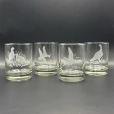 Game Birds Double Old Fashioned Whiskey Frosted | Etched Barware Glasses Set x 4