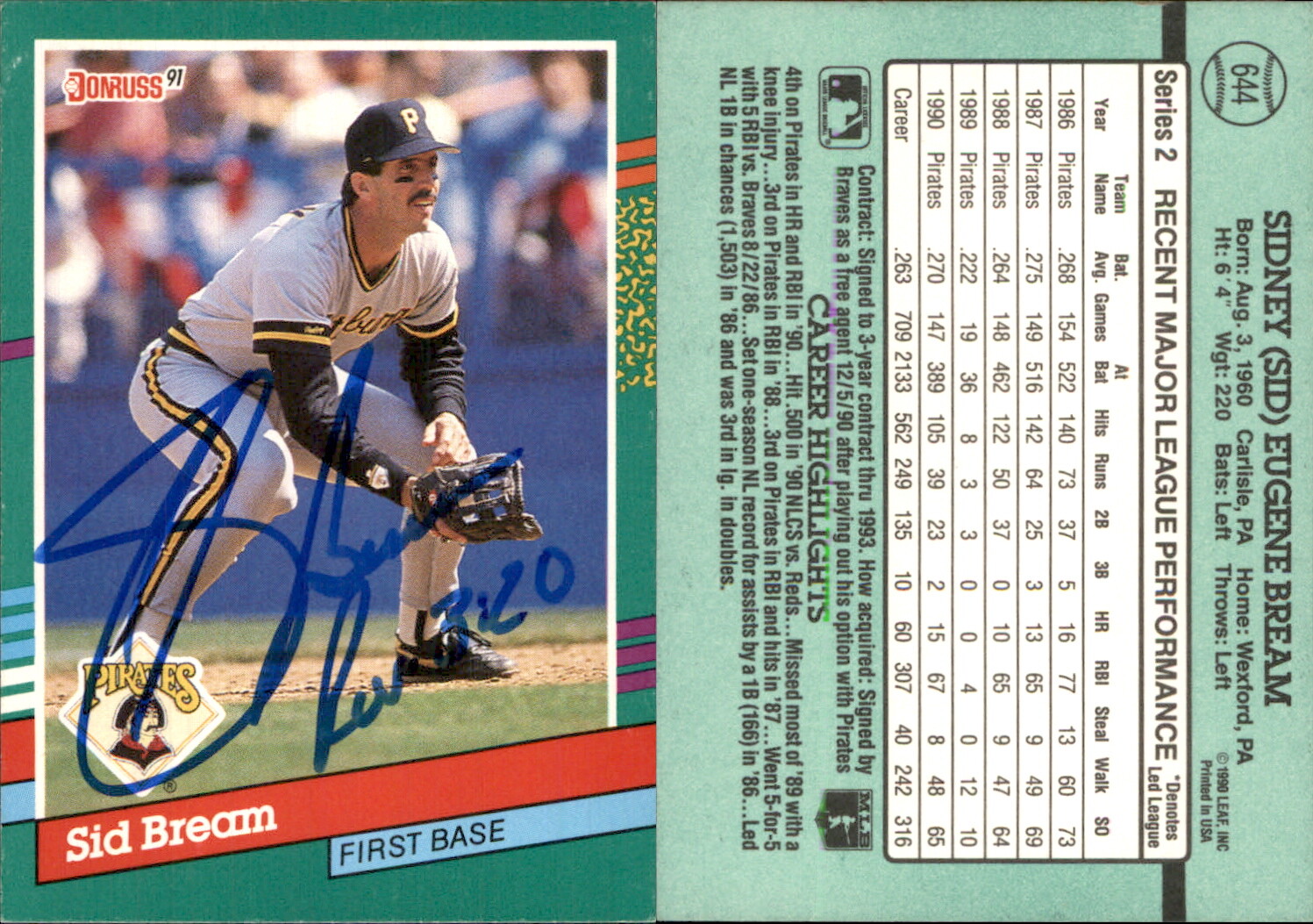 Sid Bream Signed 1991 Donruss #644a Card Pittsburgh Pirates *Autograph Den* Auto
