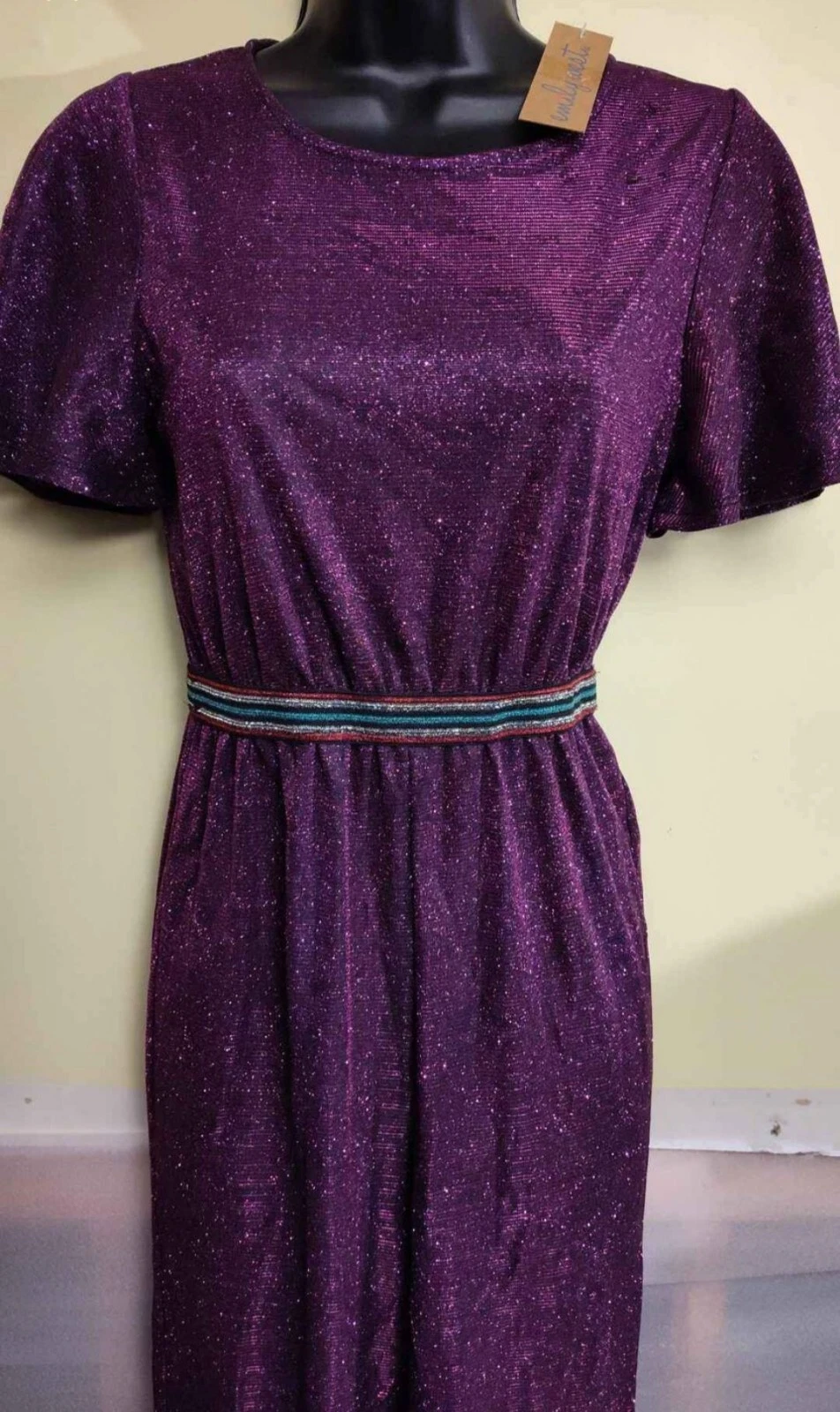 Girls Size 14 Emily West Fuchsia Sparkle Knit Flutter Sleeve Jumpsuit Purple