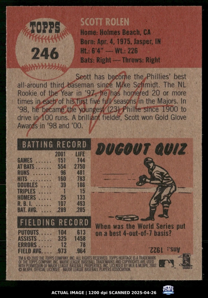 2002 Topps Heritage  #246 Scott Rolen Night - Image 2 of 3