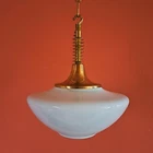 Mid Century White Opaline Milk Glass Pendant Light with Antique Brass