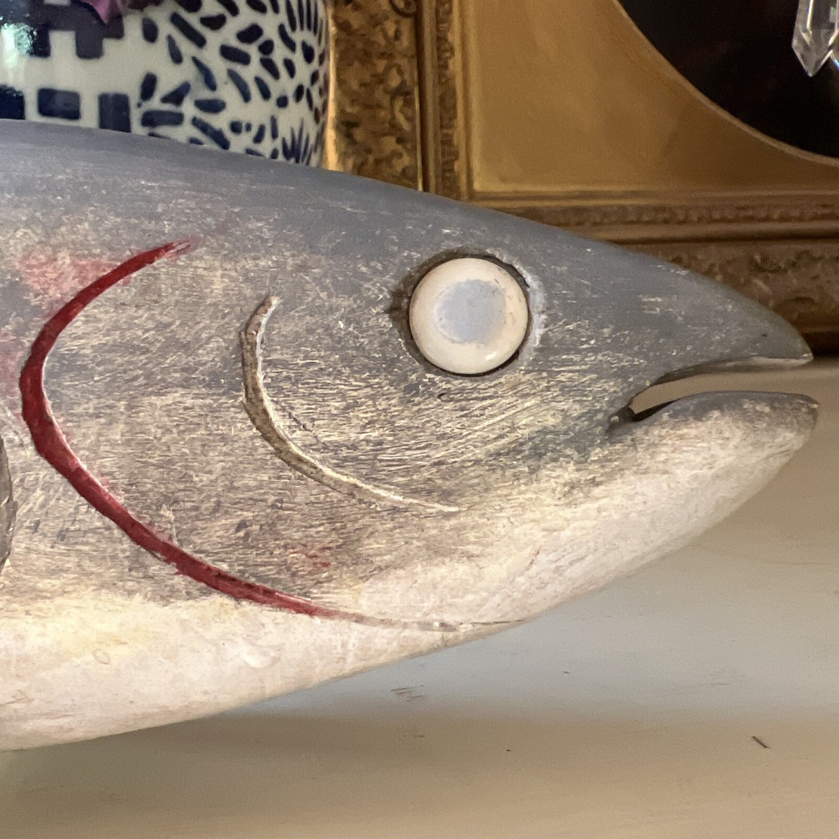Geo Aho Vintage Walleye Decoy Hand Made Painted Wood & Metal Fins