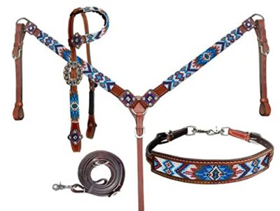 Showman Blue Beaded Southwest Design Leather Headstall & Breast Collar Set