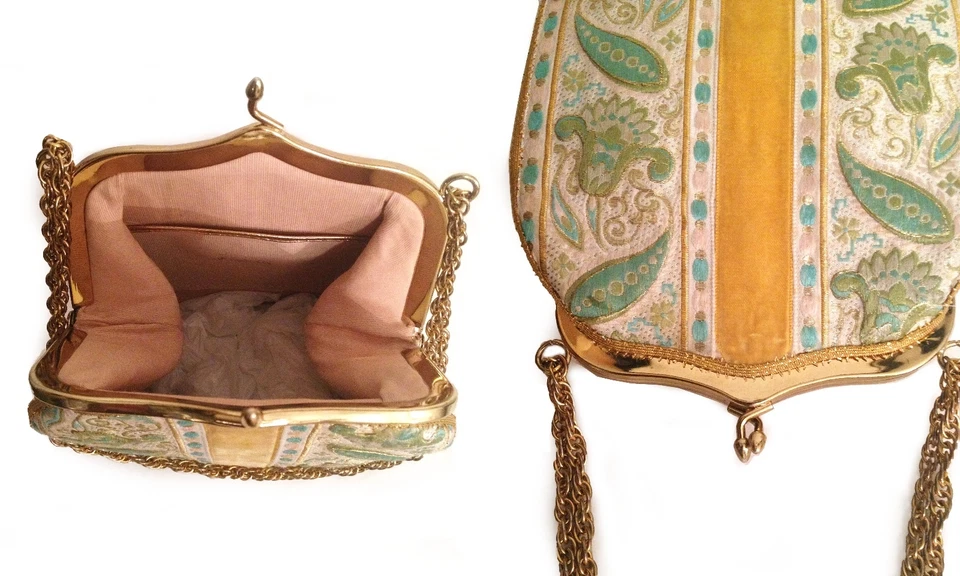 De colección. Cartera de noche tapiz de terciopelo amarillo y brocado de seda - Retro en mal estado Foto 4 de 4