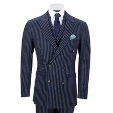 Navy Blue Men Suit Peak Lapel With Stripe Dinner Groom Tuxedo Prom Wedding Suit